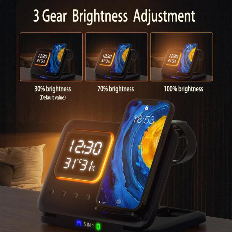 5-in-1 Wireless Charging Station – Fast Charging with LED Alarm Clock &amp; Environment Display