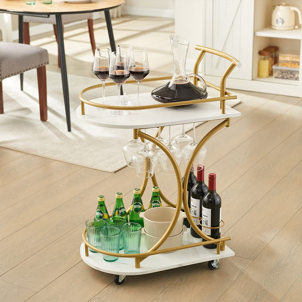 Luxury 2-Tier Gold Bar Cart – Stylish & Functional Wine Serving Trolley