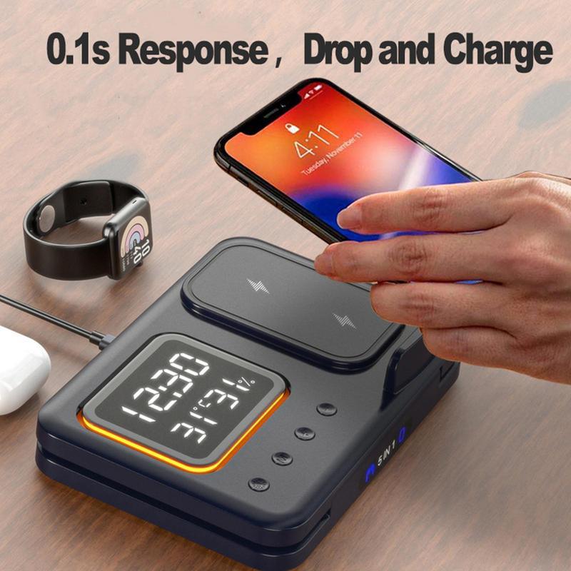 5-in-1 Wireless Charging Station – Fast Charging with LED Alarm Clock &amp; Environment Display