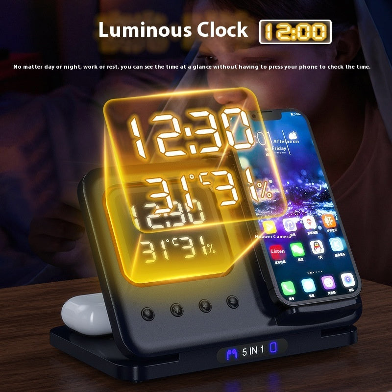 5-in-1 Wireless Charging Station – Fast Charging with LED Alarm Clock &amp; Environment Display