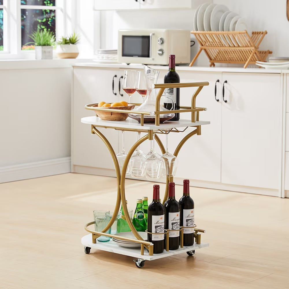 Luxury 2-Tier Gold Bar Cart – Stylish & Functional Wine Serving Trolley