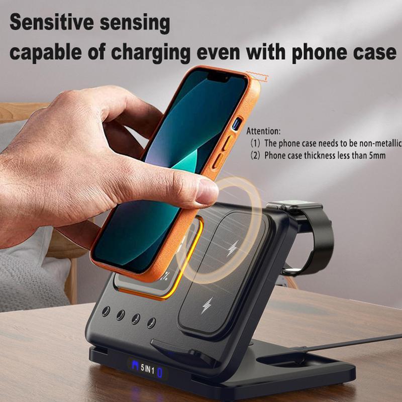 5-in-1 Wireless Charging Station – Fast Charging with LED Alarm Clock &amp; Environment Display