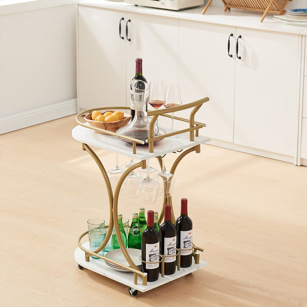 Luxury 2-Tier Gold Bar Cart – Stylish & Functional Wine Serving Trolley