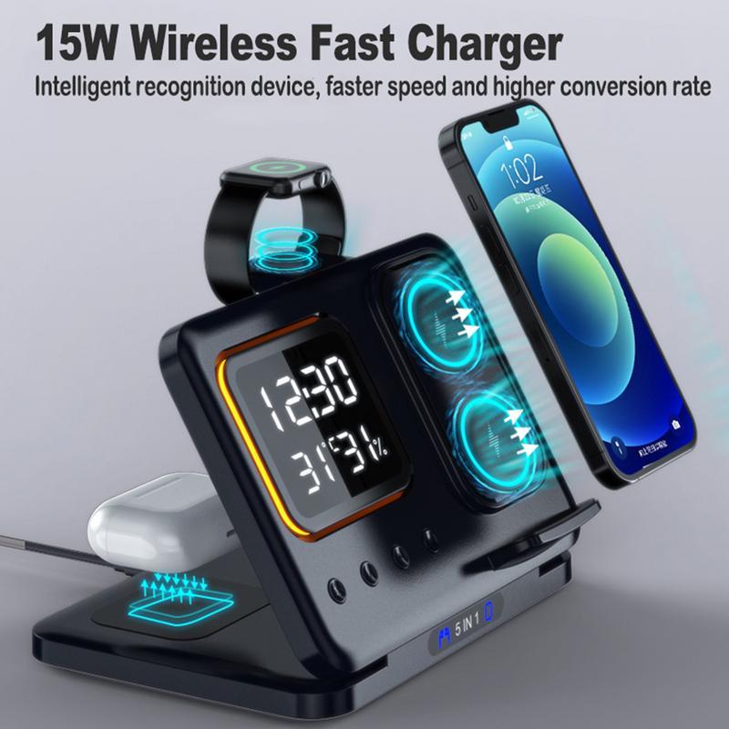 5-in-1 Wireless Charging Station – Fast Charging with LED Alarm Clock &amp; Environment Display