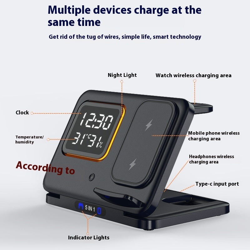 5-in-1 Wireless Charging Station – Fast Charging with LED Alarm Clock &amp; Environment Display