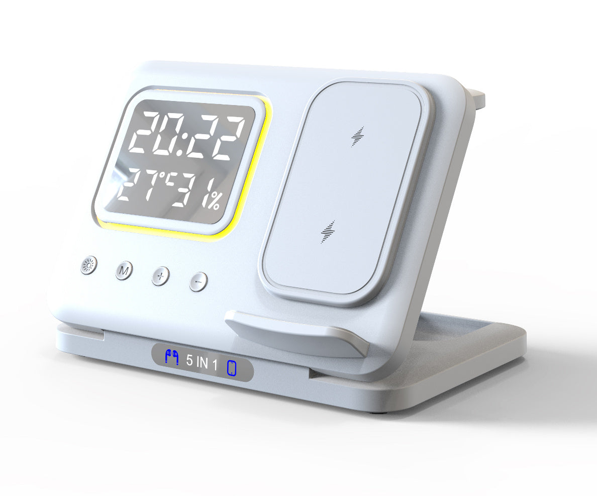 5-in-1 Wireless Charging Station – Fast Charging with LED Alarm Clock &amp; Environment Display