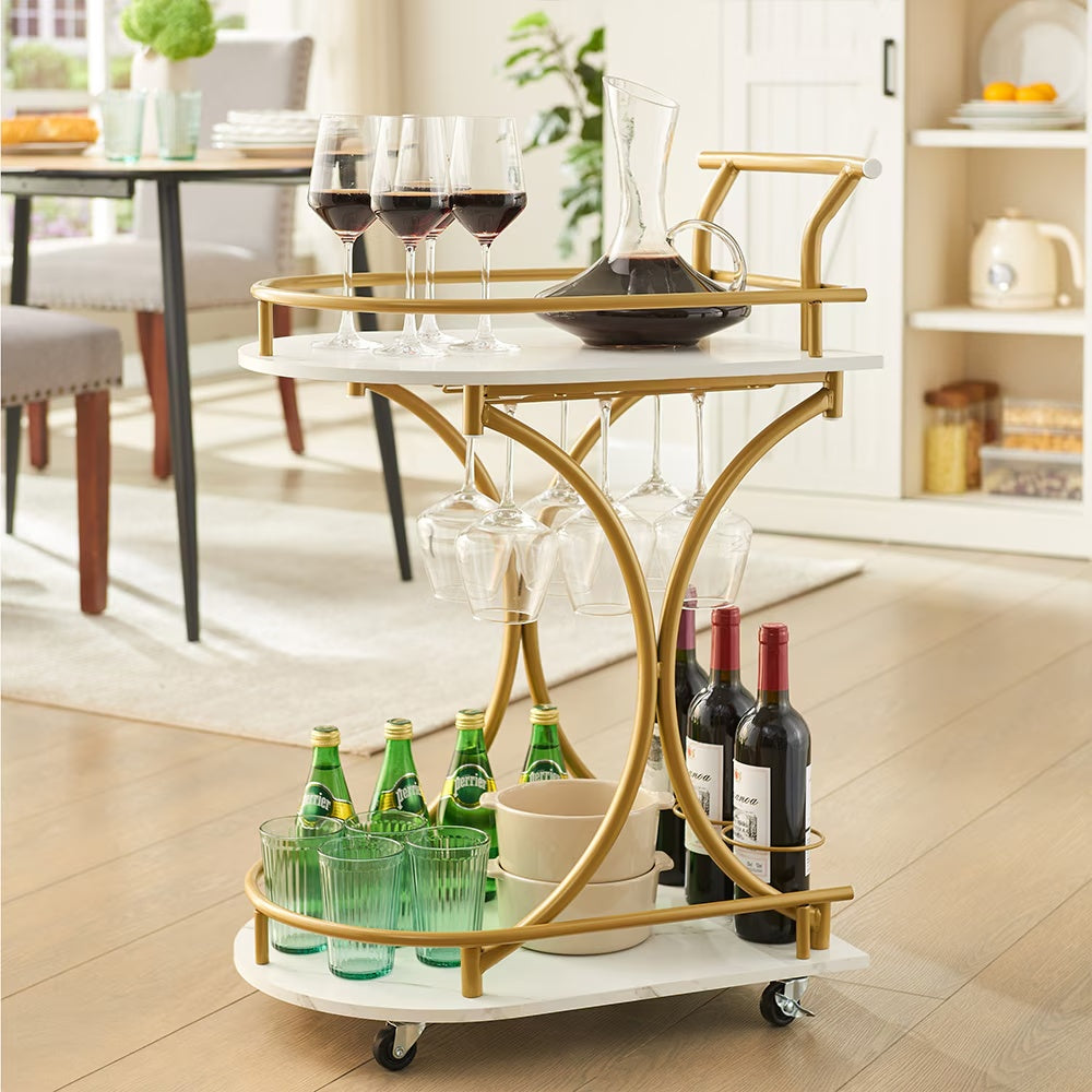 Luxury 2-Tier Gold Bar Cart – Stylish & Functional Wine Serving Trolley