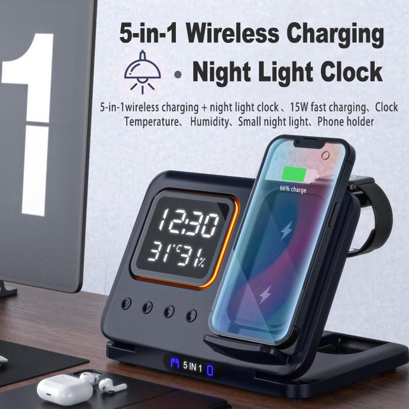 5-in-1 Wireless Charging Station – Fast Charging with LED Alarm Clock &amp; Environment Display