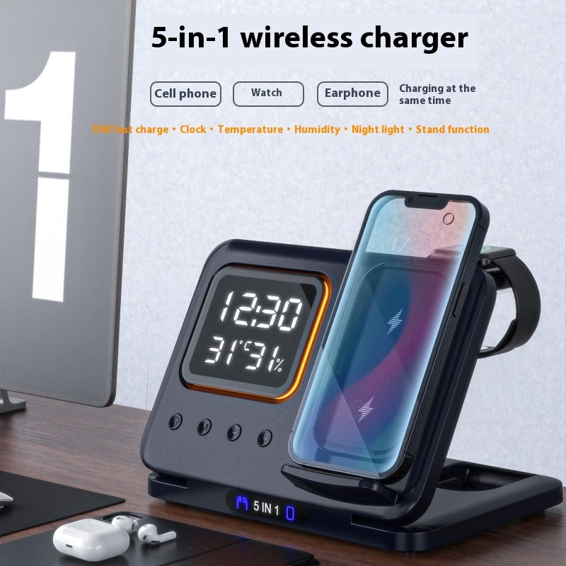 5-in-1 Wireless Charging Station – Fast Charging with LED Alarm Clock &amp; Environment Display